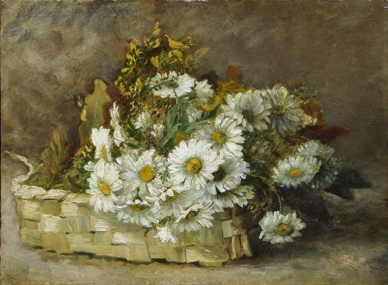 Onbekend   | Onbekend | Gemälde zum Verkauf angeboten | Margeritenblumen in einem Korb, Öl auf Holz 28,0 x 38,1 cm, ca 1920