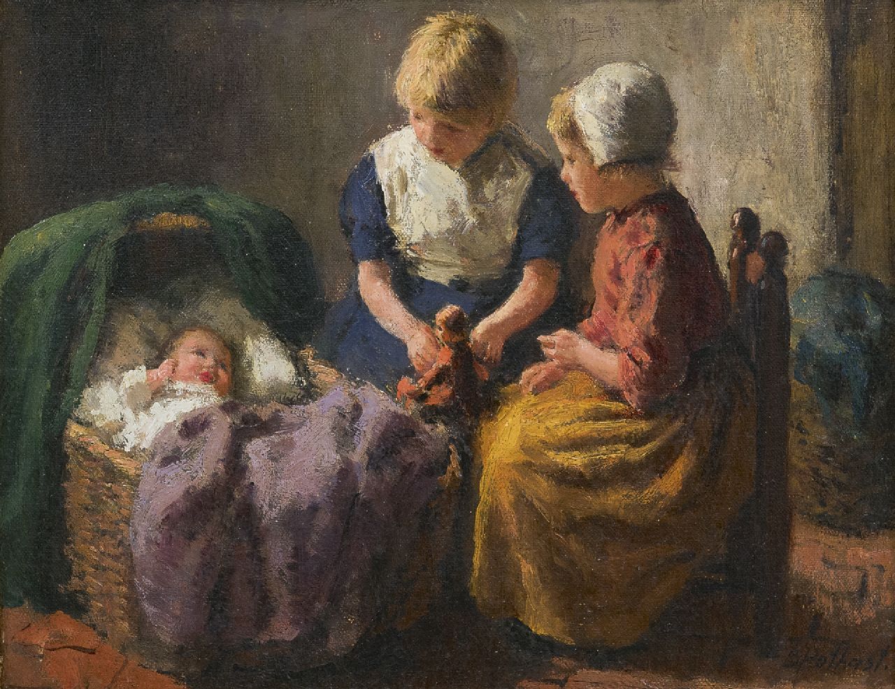 Pothast B.J.C.  | 'Bernard' Jean Corneille Pothast, Zwei Mädchen und ein Baby, Öl auf Leinwand 20,4 x 25,7 cm, Unterzeichnet u.l.