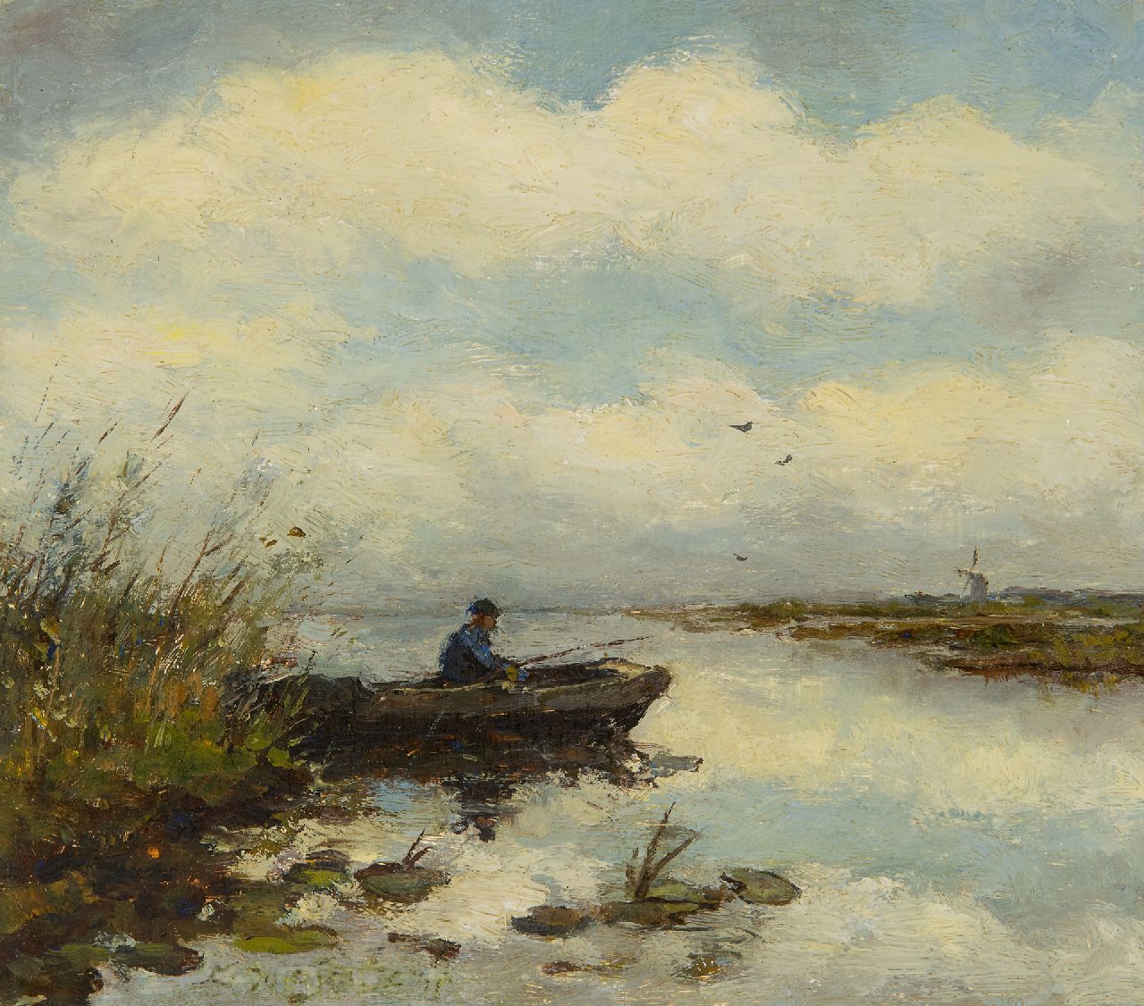 Weissenbruch H.J.  | Hendrik Johannes 'J.H.' Weissenbruch, Wasserlandschaft mit Angler im Schilfgürtel, Öl auf Holz 16,2 x 18,2 cm, Unterzeichnet Reste einer Signatur l.v.d.Mitte