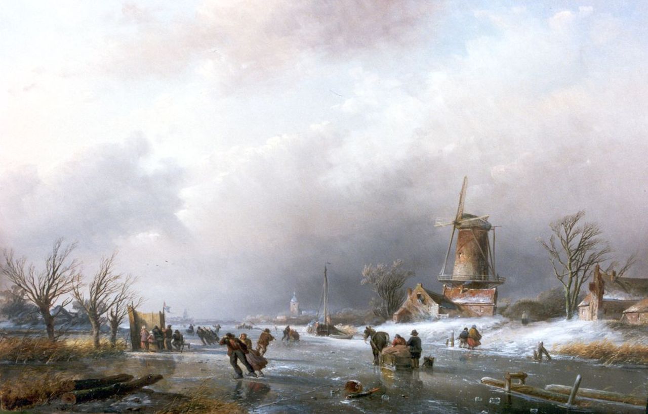 Spohler J.J.  | Jan Jacob Spohler, A winter landscape with skaters and a 'koek en zopie', Öl auf Tafel 41,6 x 62,0 cm, signed l.r.