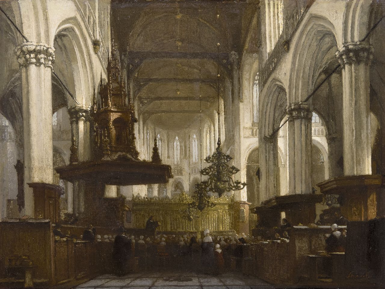 Schenkel J.J.  | Jan Jacob Schenkel, Gottesdienst in der Nieuwe Kerk in Amsterdam, Öl auf Leinwand 45,8 x 59,0 cm, Unterzeichnet u.r.