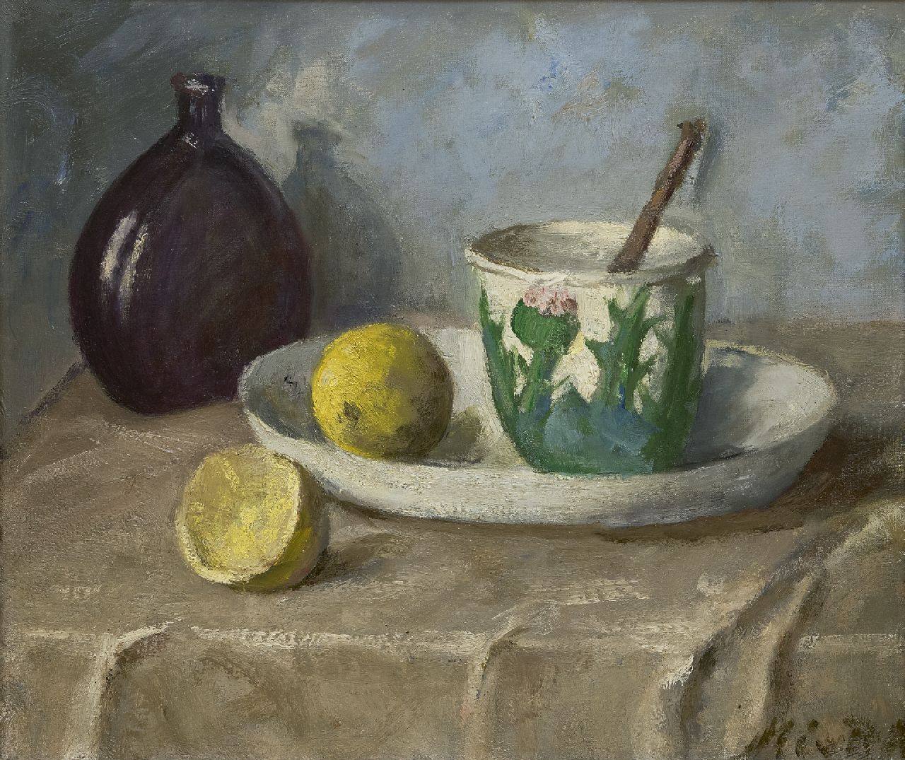 Regteren Altena M.E. van | 'Marie' Engelina van Regteren Altena, Stilleben mit Schale, Becher, Flasche und Zitronen, Öl auf Leinwand 34,0 x 40,3 cm, Unterzeichnet u.r.