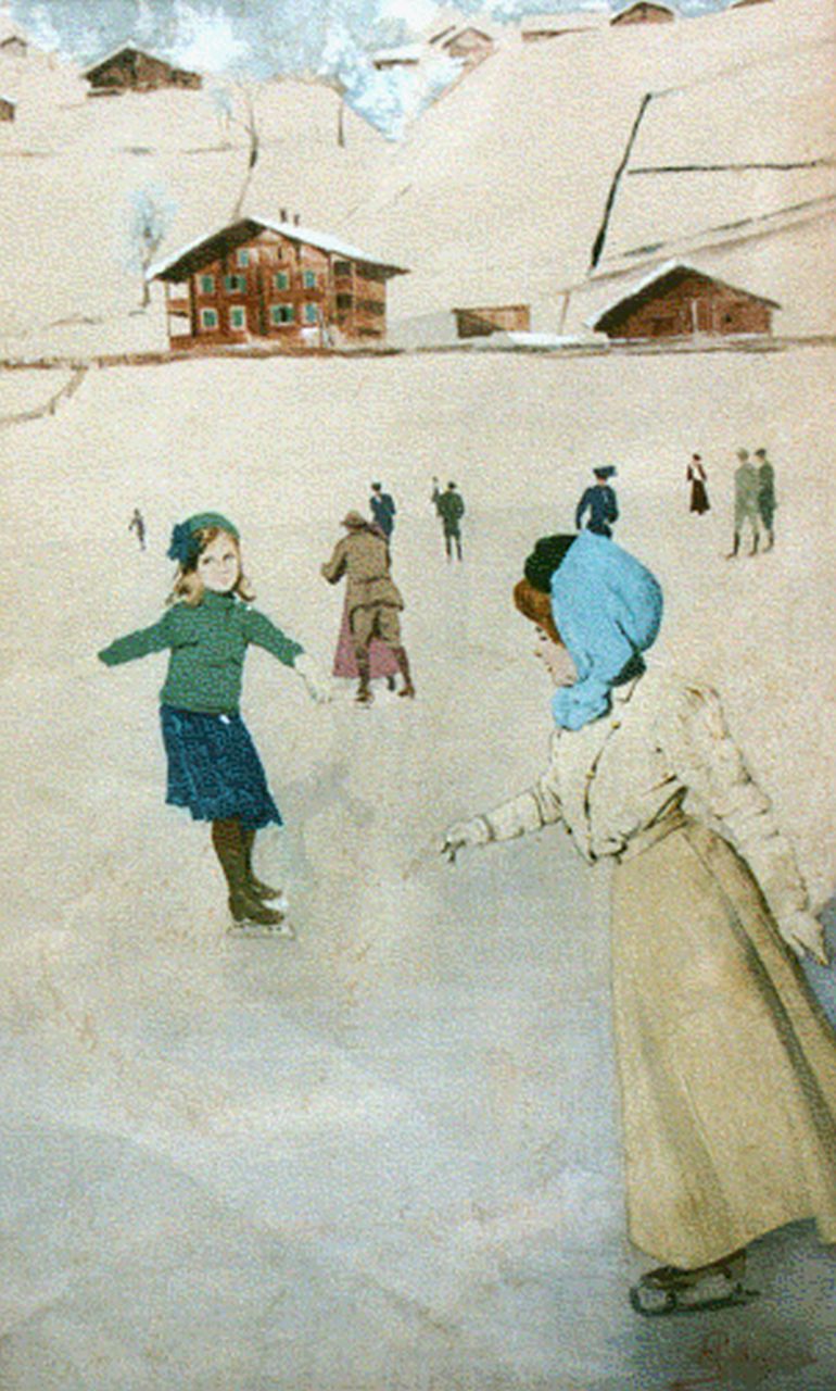 Pellegrini C.  | Carlo Pellegrini, Skaters on a swiss lake, Aquarell und Gouache auf Papier 46,5 x 29,0 cm, signed l.r.