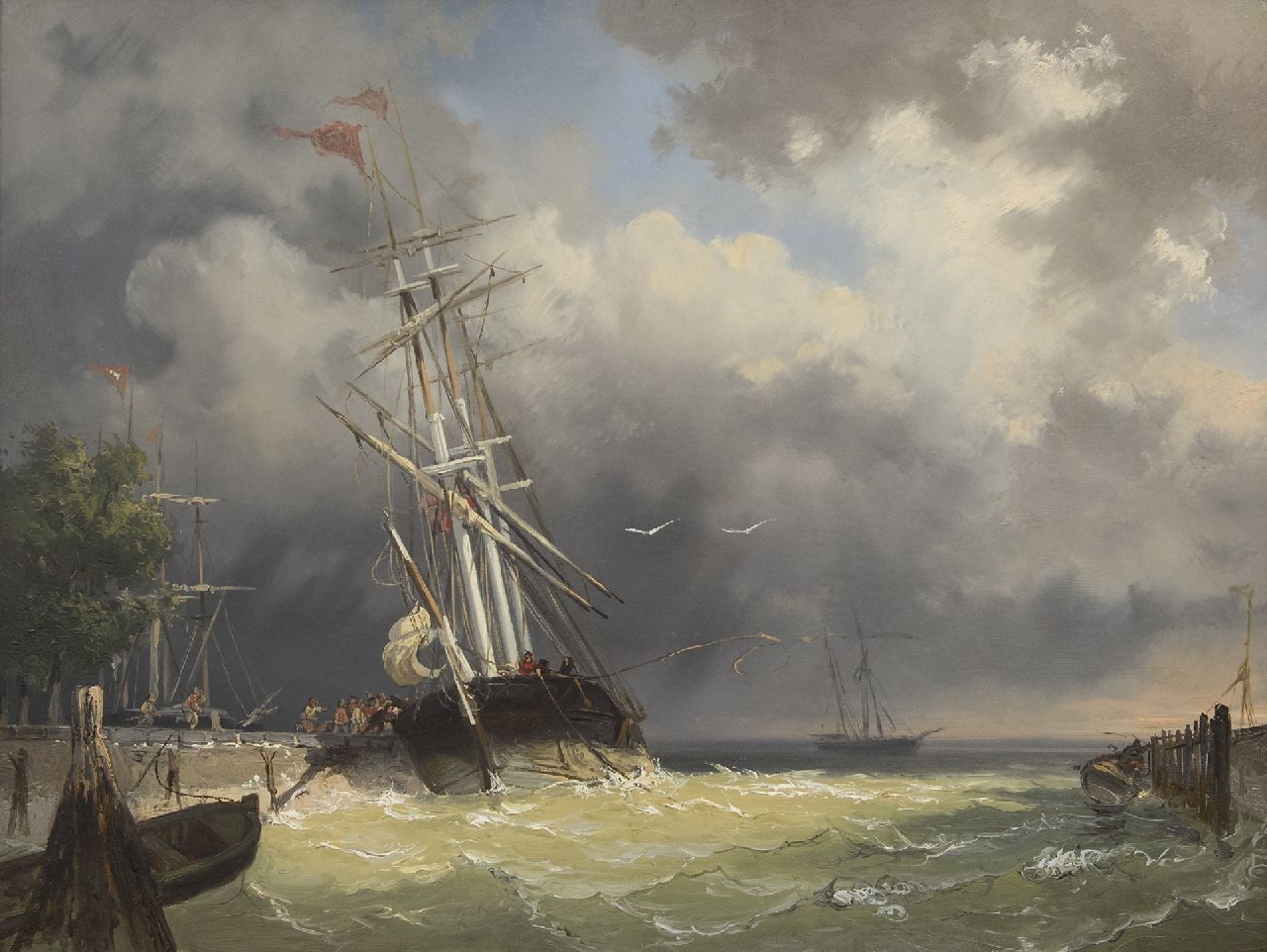 Frans Arnold Breuhaus de Groot | Ein Dreimaster, der in einem Sturm den Hafen betritt, Öl auf Holz, 44,4 x 59,5 cm