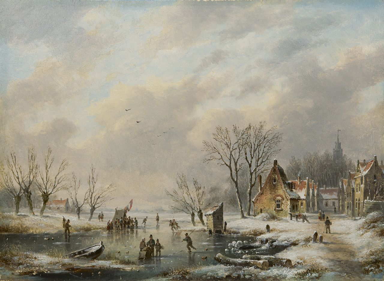 Hendriks G.  | Gerardus 'George Henry' Hendriks, Eisansicht mit einem winterlichen Dorf, Öl auf Holz 26,0 x 35,1 cm