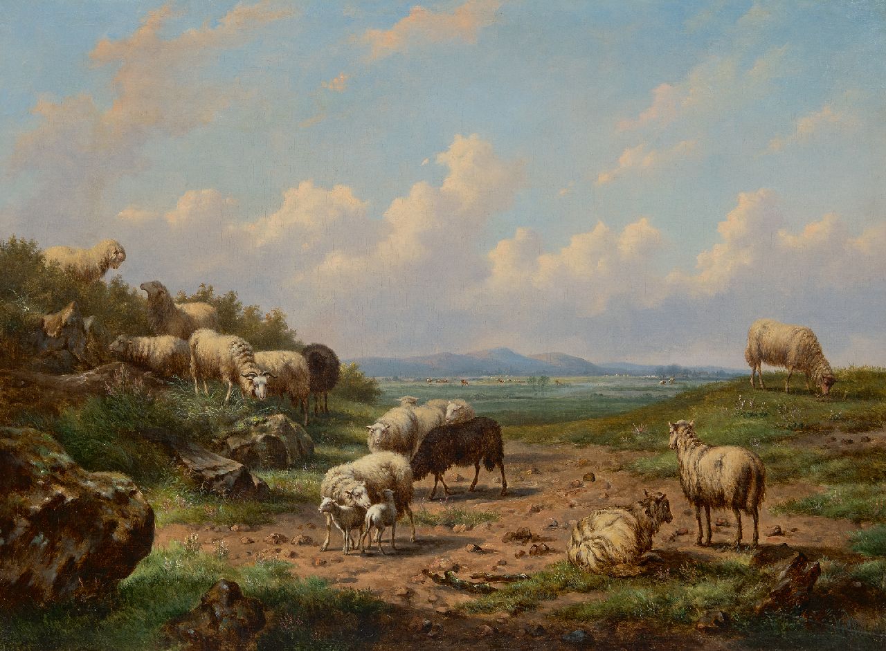 Verwee L.P.  | Louis Pierre Verwee | Gemälde zum Verkauf angeboten | Schafe in einer Landschaft, Öl auf Leinwand 55,8 x 75,5 cm, Unterzeichnet M.u.