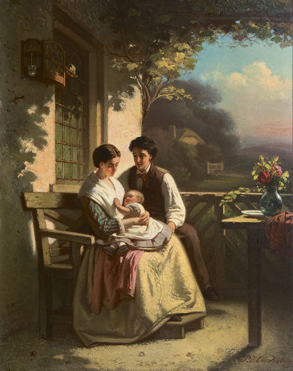 Onderberg P.J.  | Pieter Jan Onderberg | Gemälde zum Verkauf angeboten | Junge Familie auf einer Terrasse, Öl auf Holz 42,0 x 33,1 cm, Unterzeichnet u.r.