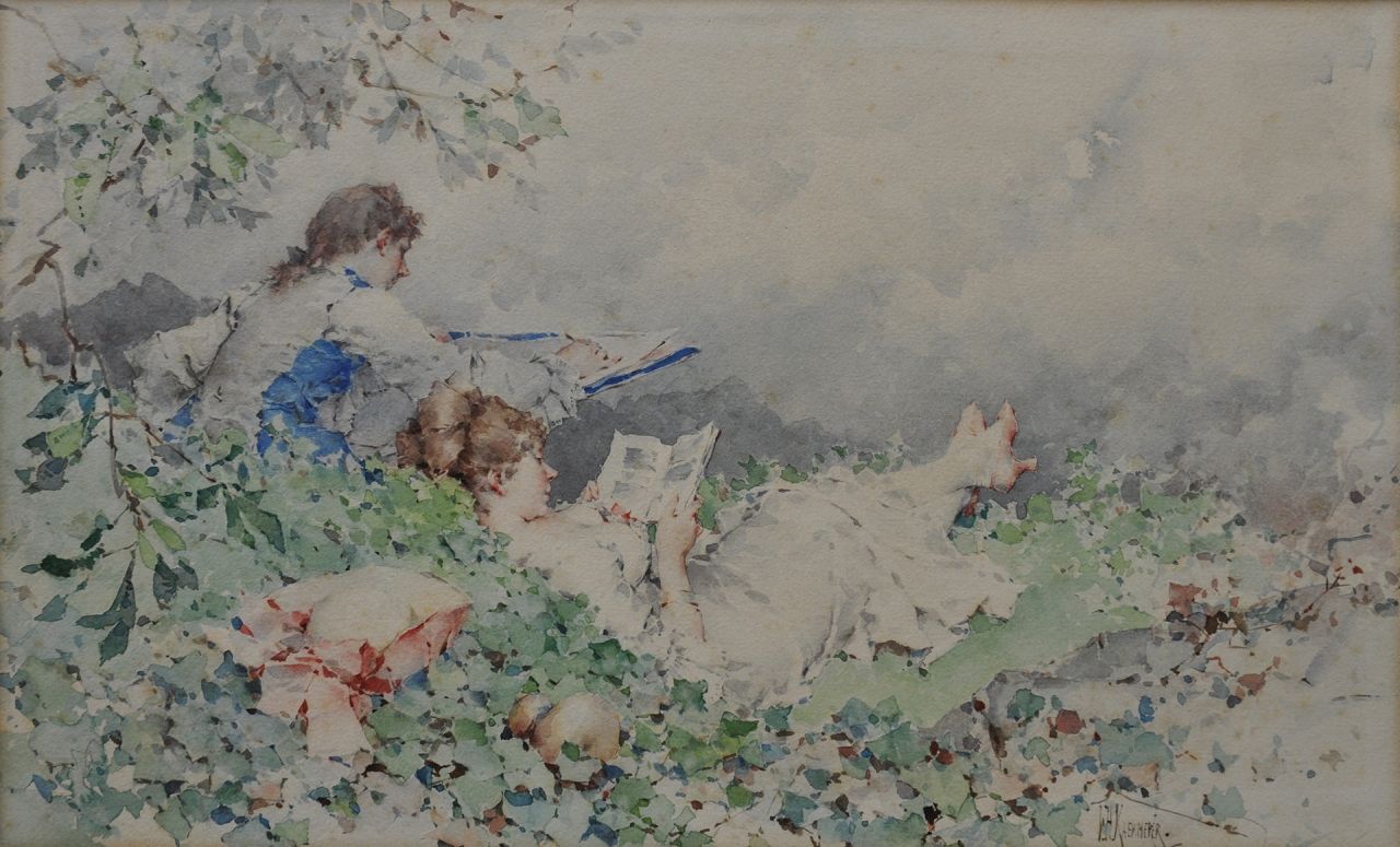 Kaemmerer F.H.  | Frederik Hendrik Kaemmerer, Lesendes junges Paar im Freien, Aquarell auf Papier 27,8 x 44,5 cm, Unterzeichnet u.r.