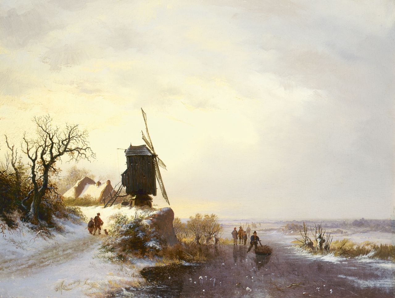 Kruseman F.M.  | Frederik Marinus Kruseman, A winter landscape with a windmill, Öl auf Holz 33,5 x 44,0 cm, signed l.l. und dated '42