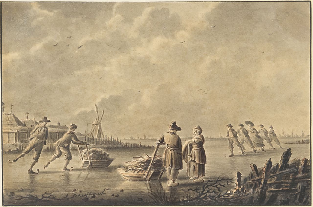 Schelfhout A.  | Andreas Schelfhout, Zugefrorener Kanal mit Schlittschuhläufern und Schubschlitten, Feder, Pinsel und Tinte auf Papier 13,8 x 20,9 cm, Unterzeichnet u.l. und um  1805- 1810