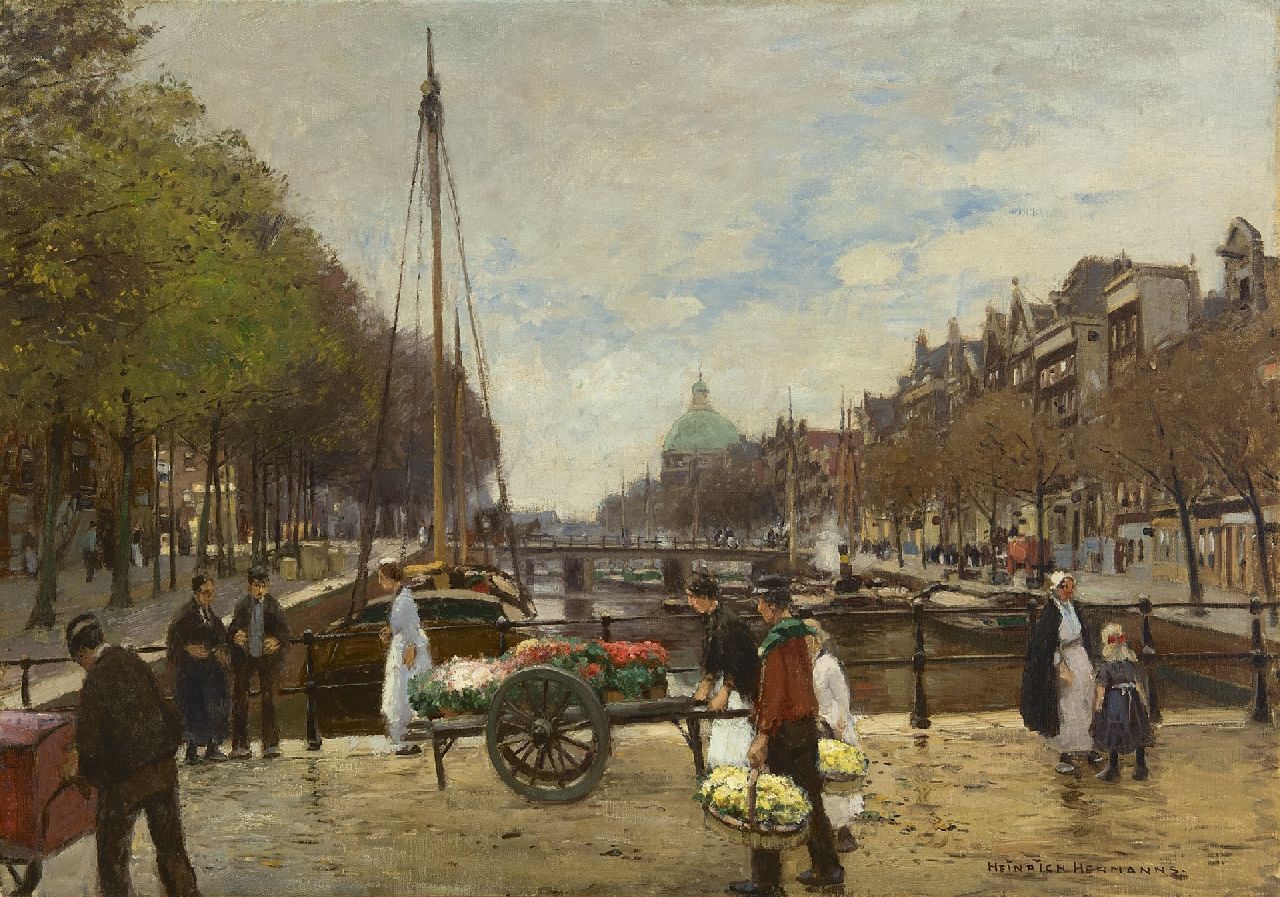 Heinrich Hermanns | Blumenkarren auf der Lijnbaansbrug, Amsterdam, Öl auf Leinwand, 63,9 x 89,5 cm, Unterzeichnet u.r.