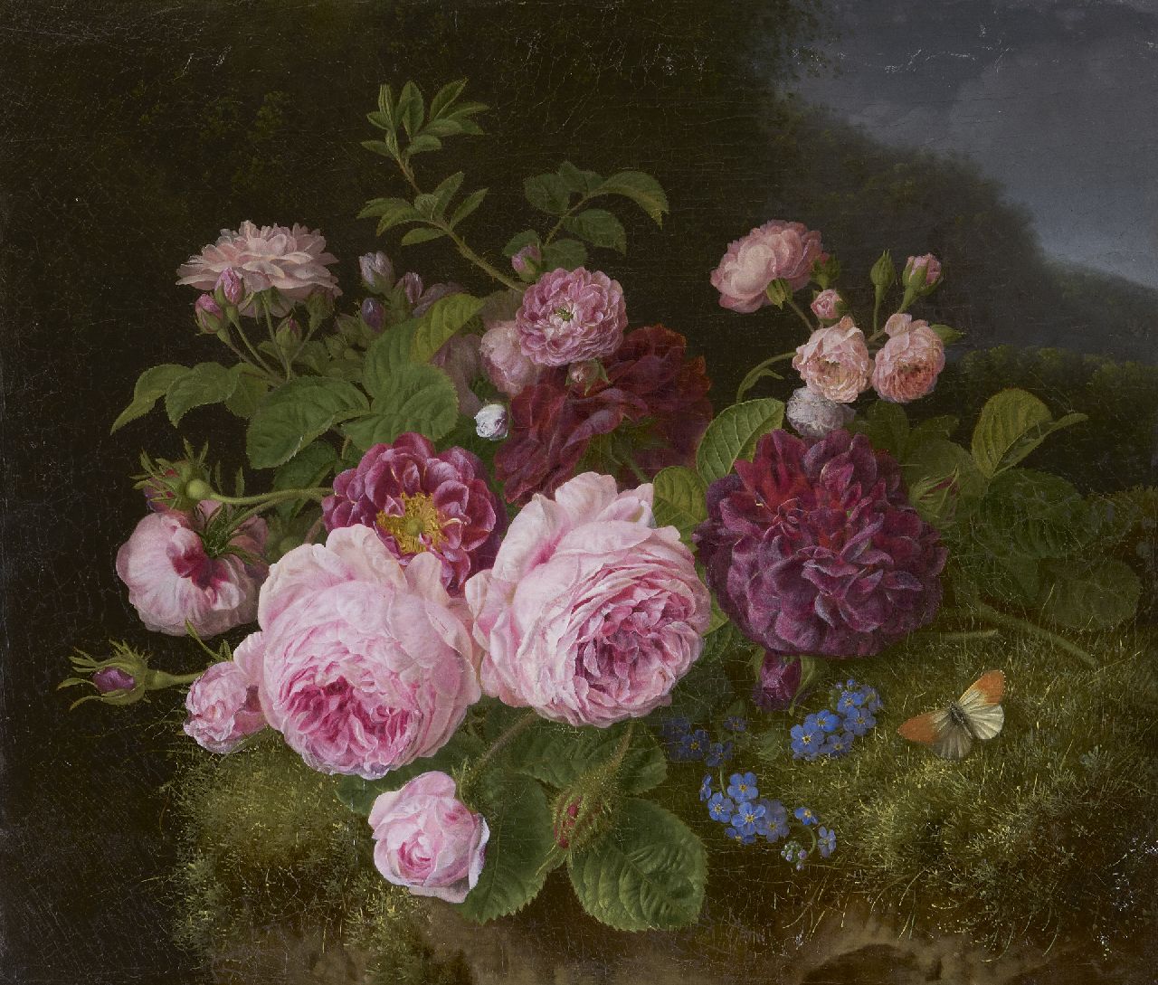 Knip H.G.  | 'Henriëtte' Geertruida Knip, Rosenstrauss auf Waldboden, Öl auf Leinwand 36,3 x 42,7 cm