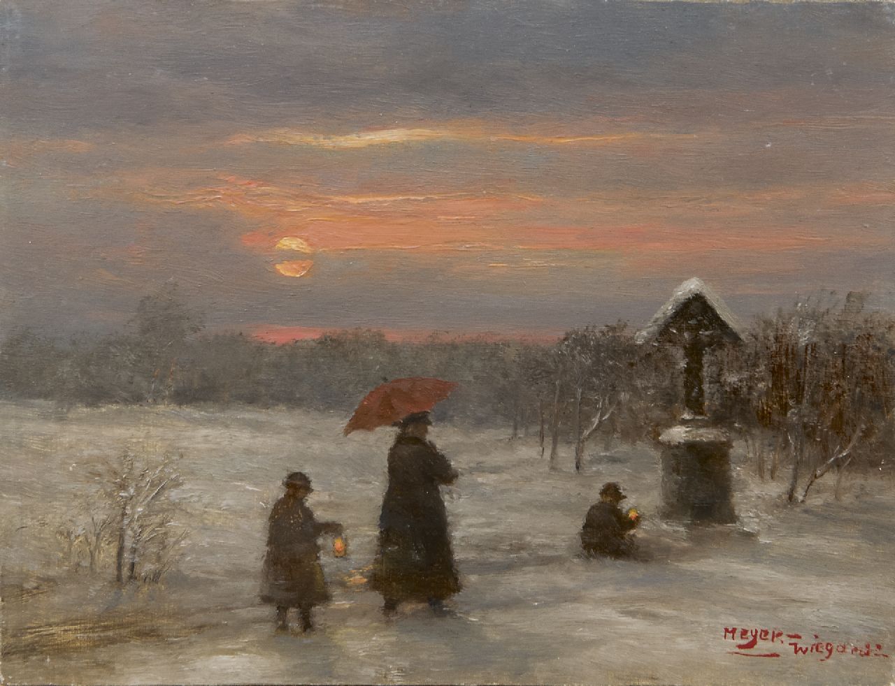 Meyer-Wiegand R.D.  | Rolf Dieter Meyer-Wiegand, Spaziergang am Abend im Schnee, Öl auf Holz 12,9 x 16,9 cm, Unterzeichnet u.r.