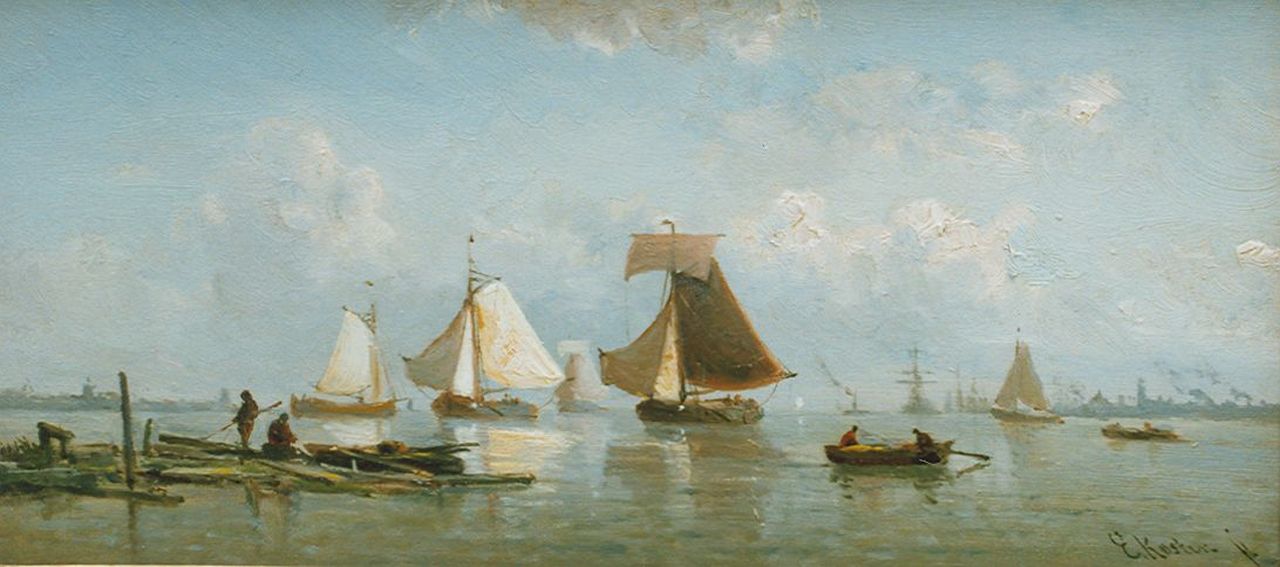 Koster E.  | Everhardus Koster, Shipping in a calm, Öl auf Holz 15,2 x 33,2 cm, signed l.r.