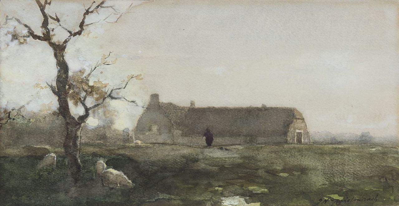 Weissenbruch H.J.  | Hendrik Johannes 'J.H.' Weissenbruch, Bauernhof Hanenburg in den Westdünen im Haag, Kreide, Aquarell und Gouache auf Papier 18,9 x 36,2 cm, Unterzeichnet u.r.