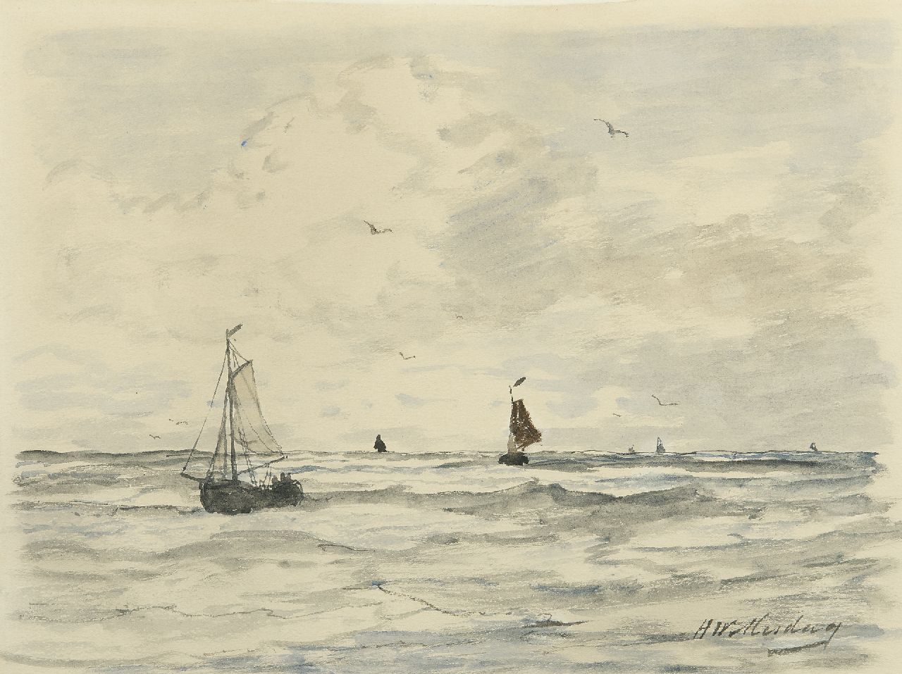 Mesdag H.W.  | Hendrik Willem Mesdag, Fischerboote auf dem Meer, Aquarell auf Papier 23,7 x 31,0 cm, Unterzeichnet u.r.