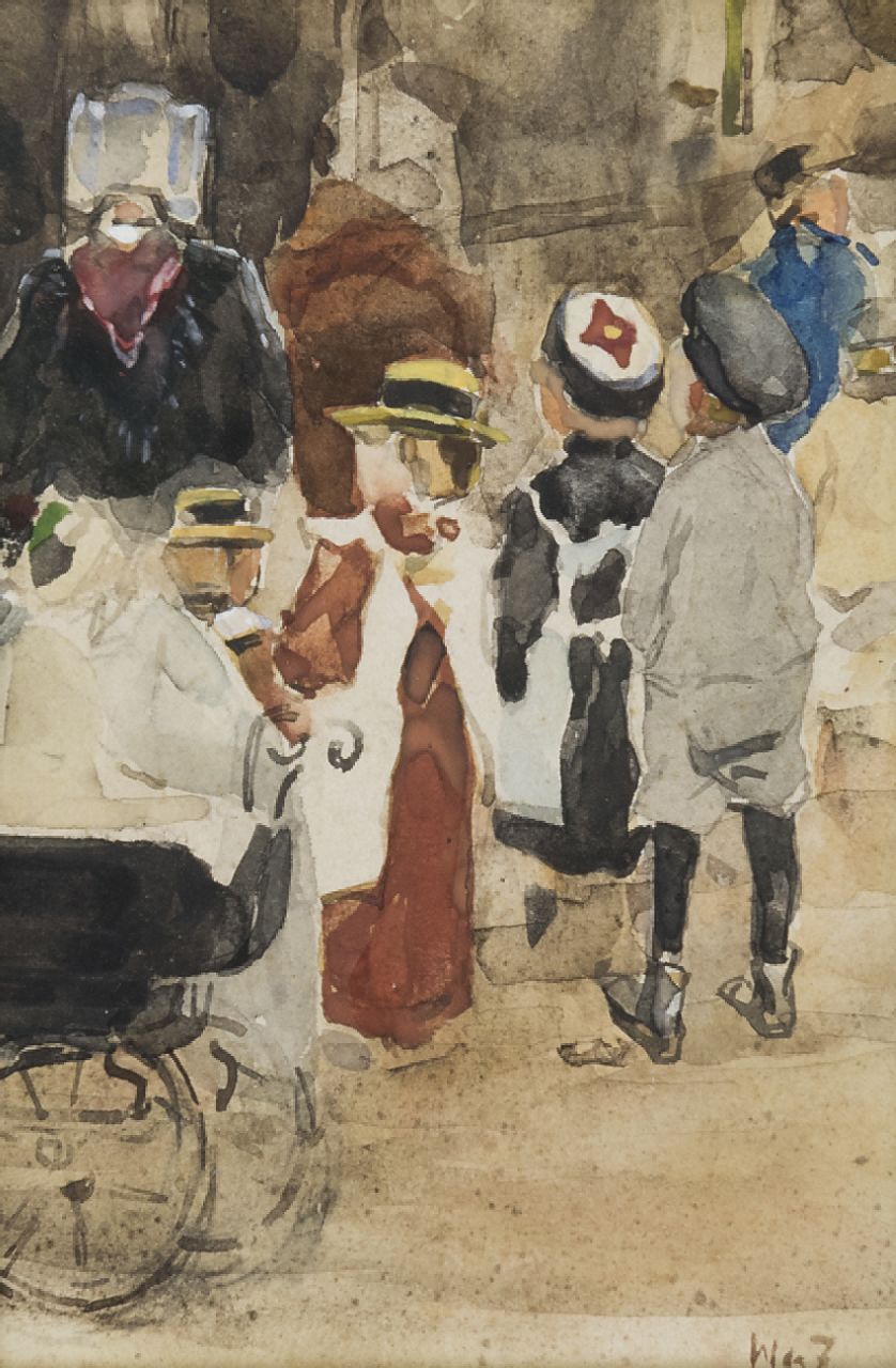 Zwart W.H.P.J. de | Wilhelmus Hendrikus Petrus Johannes 'Willem' de Zwart | Aquarelle und Zeichnungen zum Verkauf angeboten | Kindermädchen mit Kindern und Kinderwagen, Aquarell auf Papier 19,1 x 12,8 cm, Unterzeichnet u.r. mit Initialen