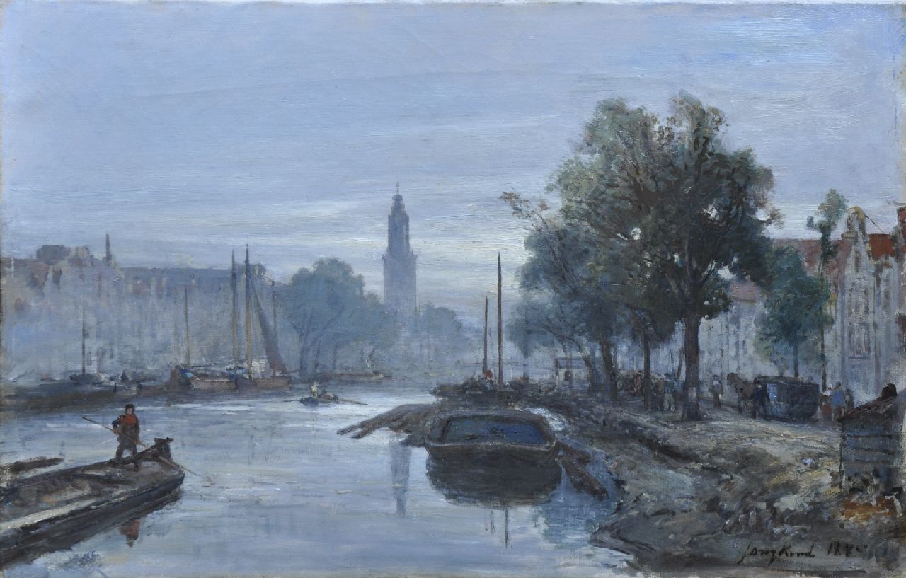 Jongkind J.B.  | Johan Barthold Jongkind, Blick auf das Stadtwasser von Amsterdam ('Oudeschans'), Öl auf Leinwand 26,5 x 43,5 cm, Unterzeichnet u.r. und datiert 1885