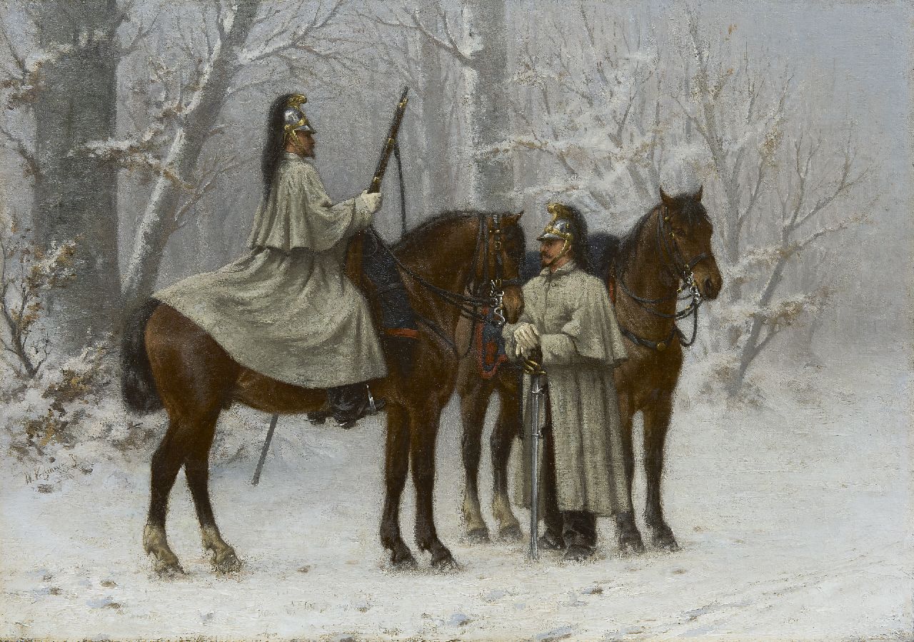 Verschuur jr. W.  | Wouter Verschuur jr., Kavaleristen im winterlichen Wald, Öl auf Leinwand 41,5 x 58,3 cm, Unterzeichnet l.v.d.M.