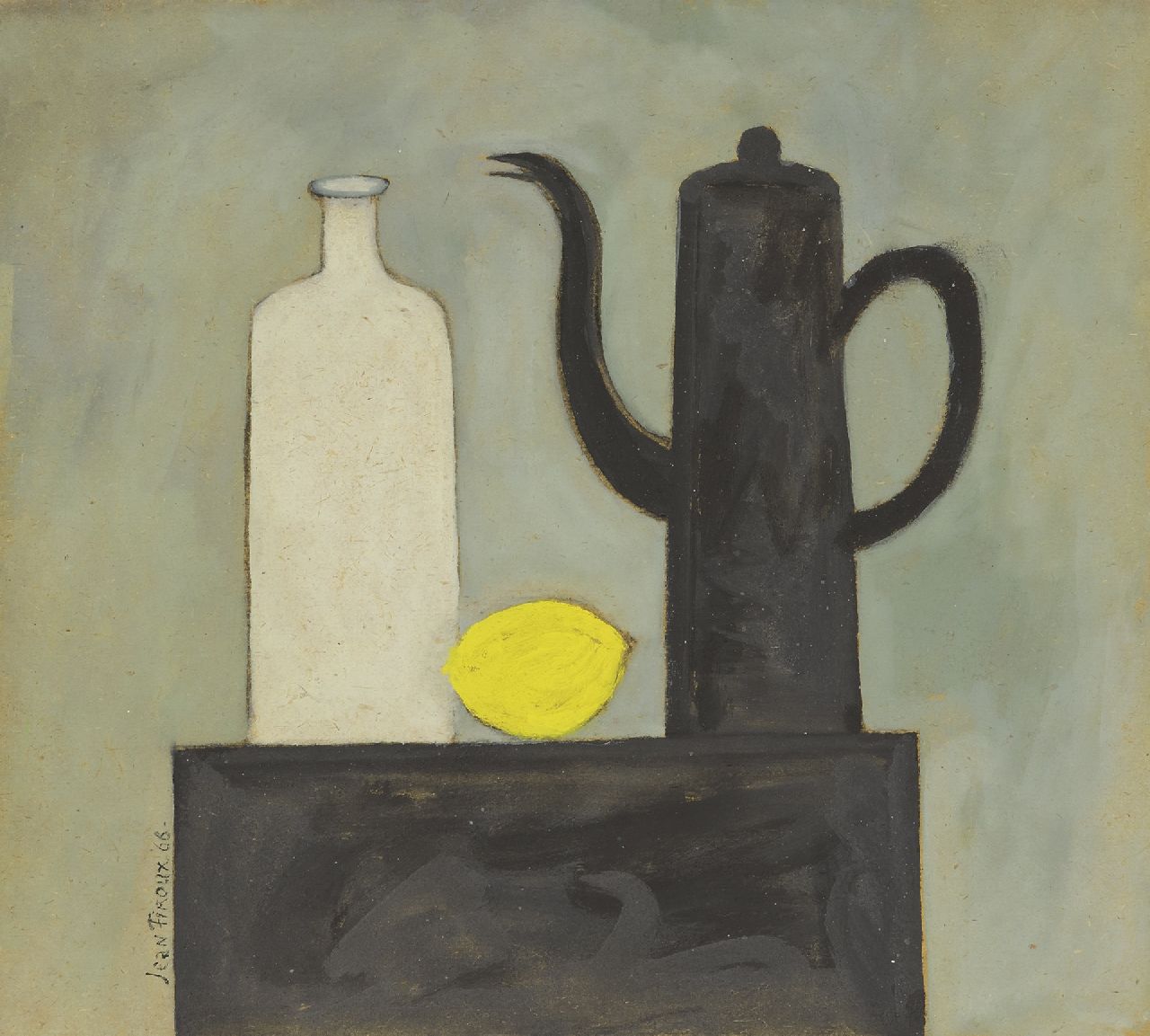 Firoux J.  | Jean Firoux, Stilleben mit Teekanne, Flasche und Zitrone, Kreide und Gouache auf Holzfaser 31,0 x 34,4 cm, Unterzeichnet u.l. und datiert '66