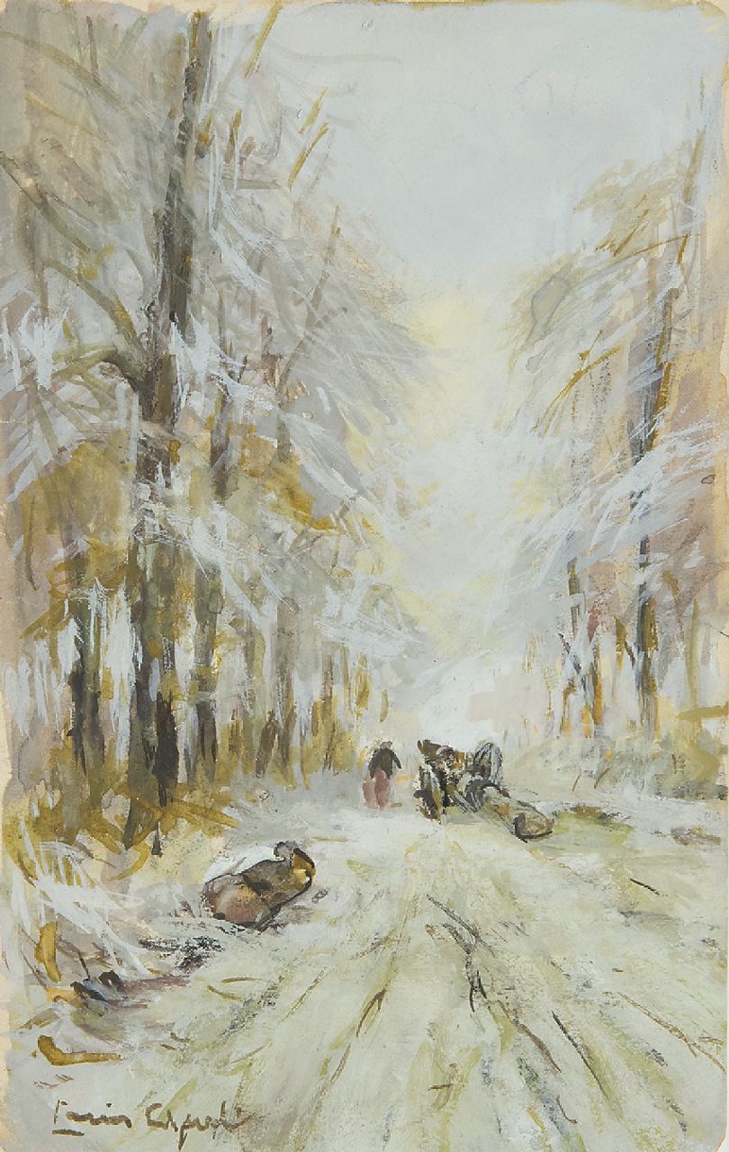 Apol L.F.H.  | Lodewijk Franciscus Hendrik 'Louis' Apol, Mallejan auf einem schneebedeckten Waldweg, Gouache auf Papier 16,9 x 10,5 cm, Unterzeichnet u.l.