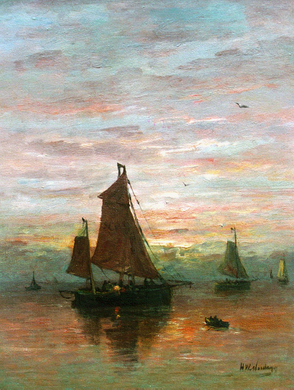 Mesdag H.W.  | Hendrik Willem Mesdag, Sailing vessels near the coast at dusk, Öl auf Leinwand 51,7 x 40,1 cm, signed l.r.