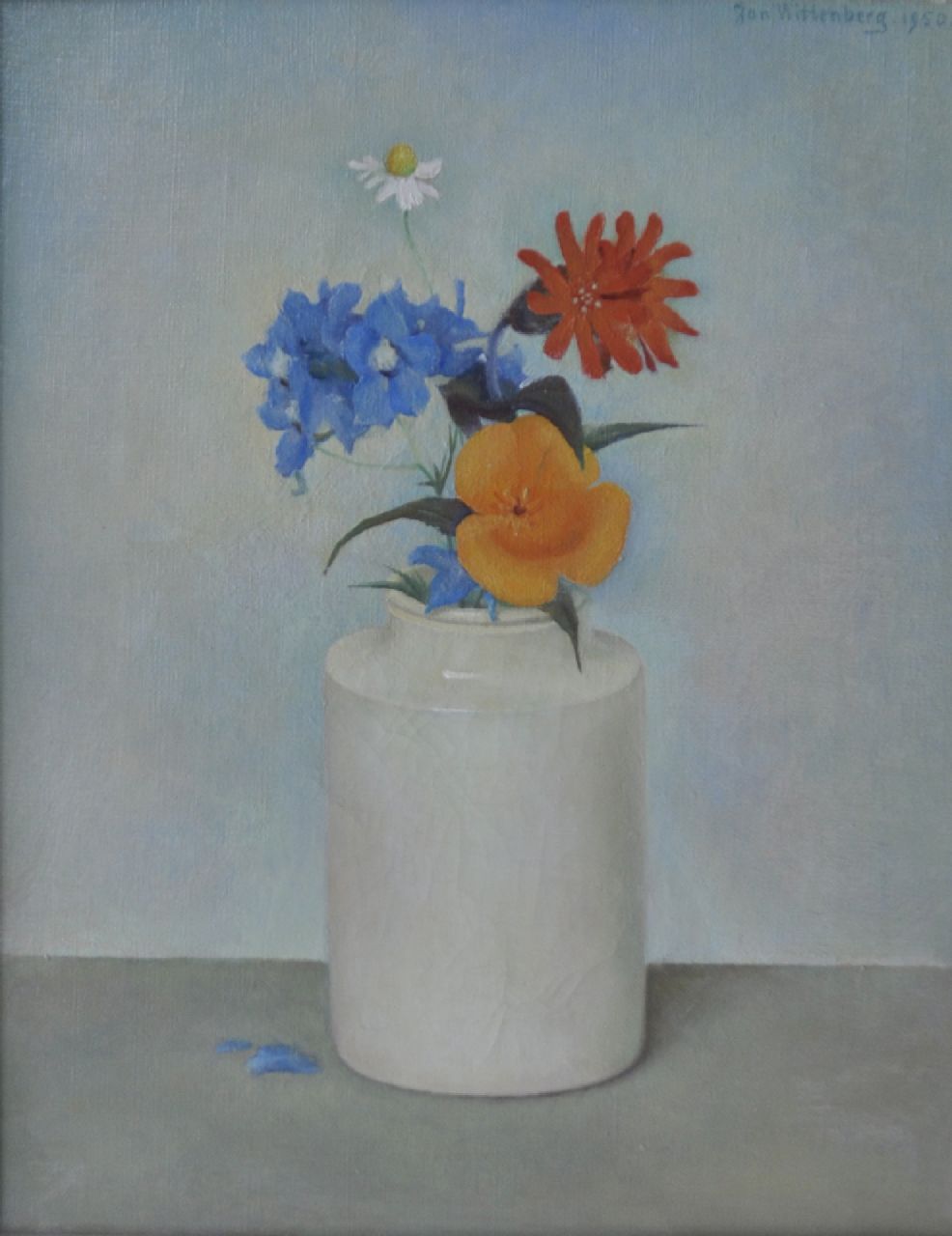 Wittenberg J.H.W.  | 'Jan' Hendrik Willem Wittenberg, Blumen in weißer Vase, Öl auf Leinwand 30,2 x 24,3 cm, Unterzeichnet o.r und auf die Trage gestempelt und datiert 1950