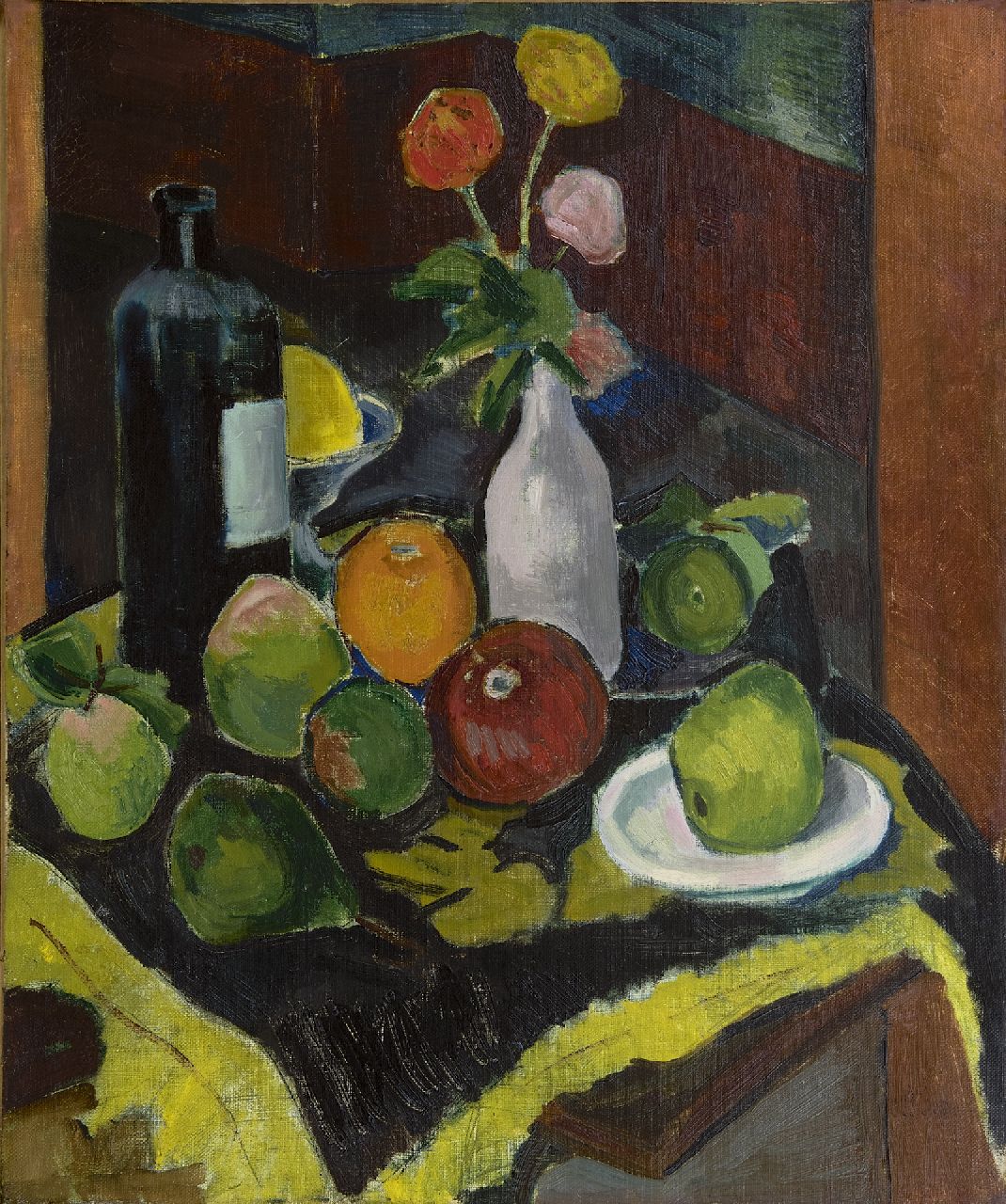 Schelfhout L.  | Lodewijk Schelfhout, Stilleben mit Obst, Blumen und Flasche, Öl auf Leinwand 55,5 x 46,0 cm, Unterzeichnet u.r. und datiert 1908