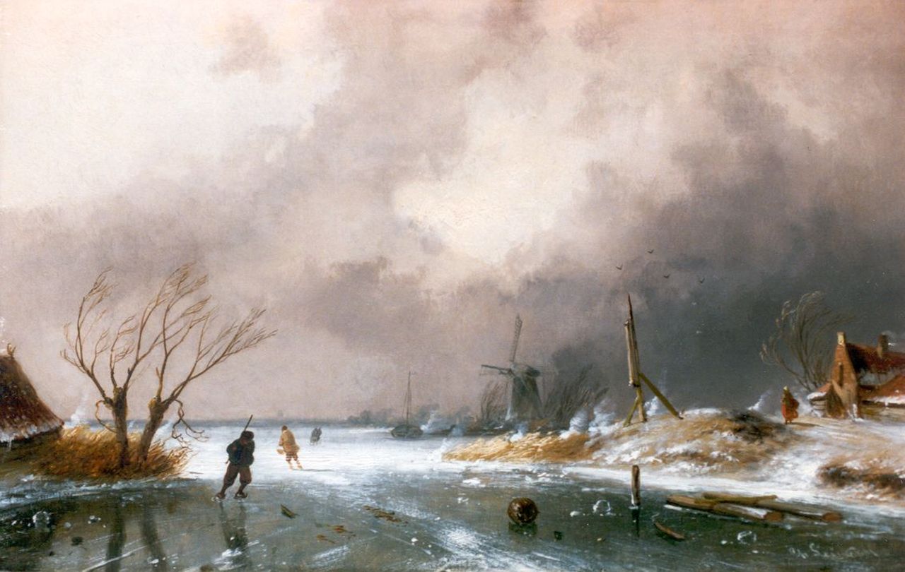Leickert C.H.J.  | 'Charles' Henri Joseph Leickert, A winter landscape with skaters on a frozen waterway, Öl auf Holz 22,7 x 36,3 cm, signed l.r.