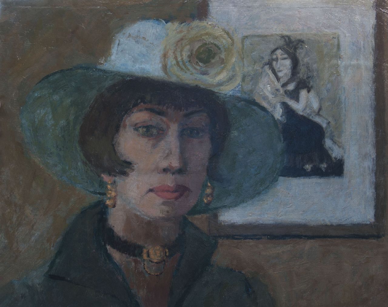 Pot B.  | Basje Pot, Frau mit grünem Hut, Öl auf Leinwand auf Holz 50,2 x 60,8 cm