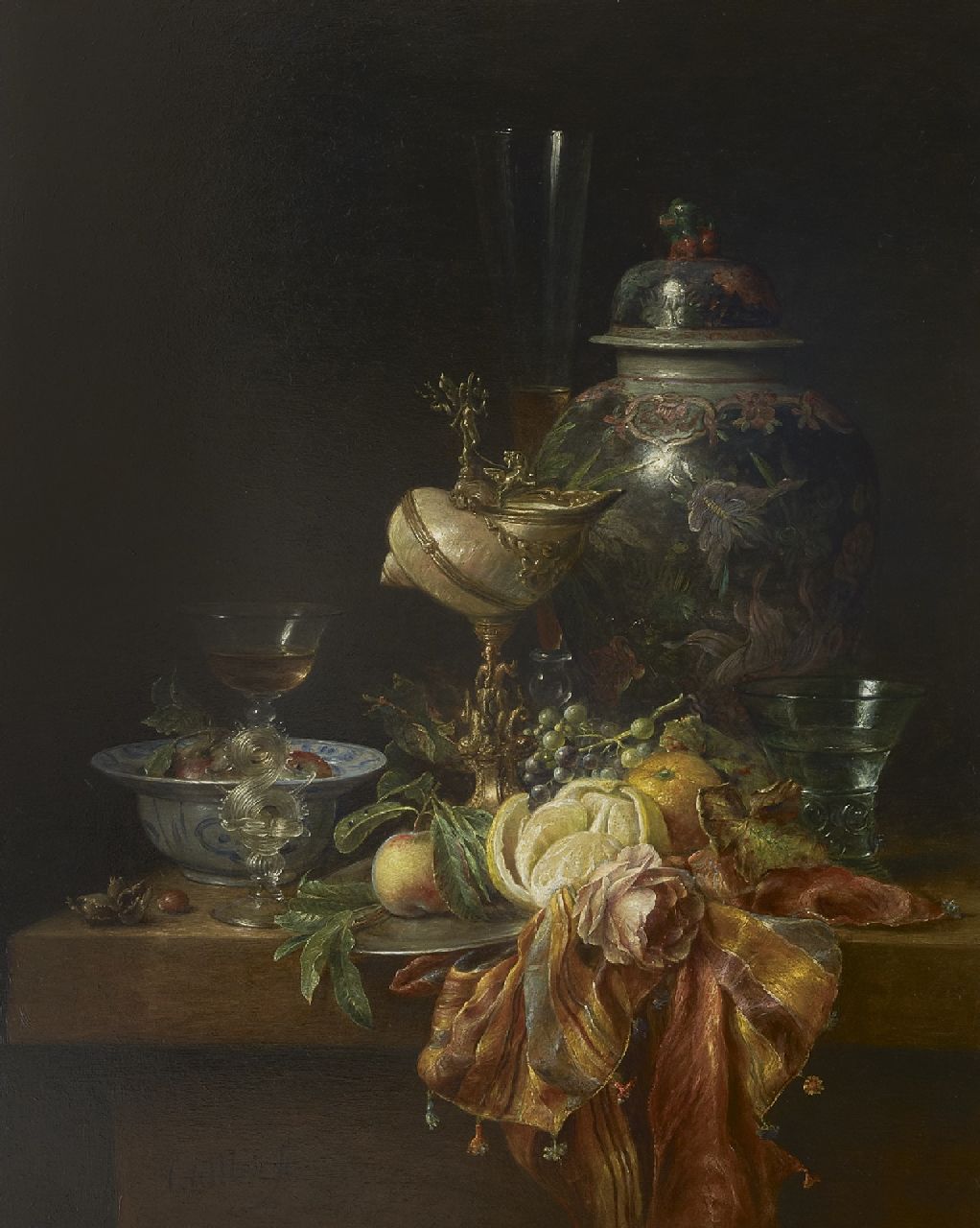 Cornelis Mair | Stillleben mit Tasse Turbo Schale und chinesische Vase, Öl auf Holz, 100,0 x 80,0 cm