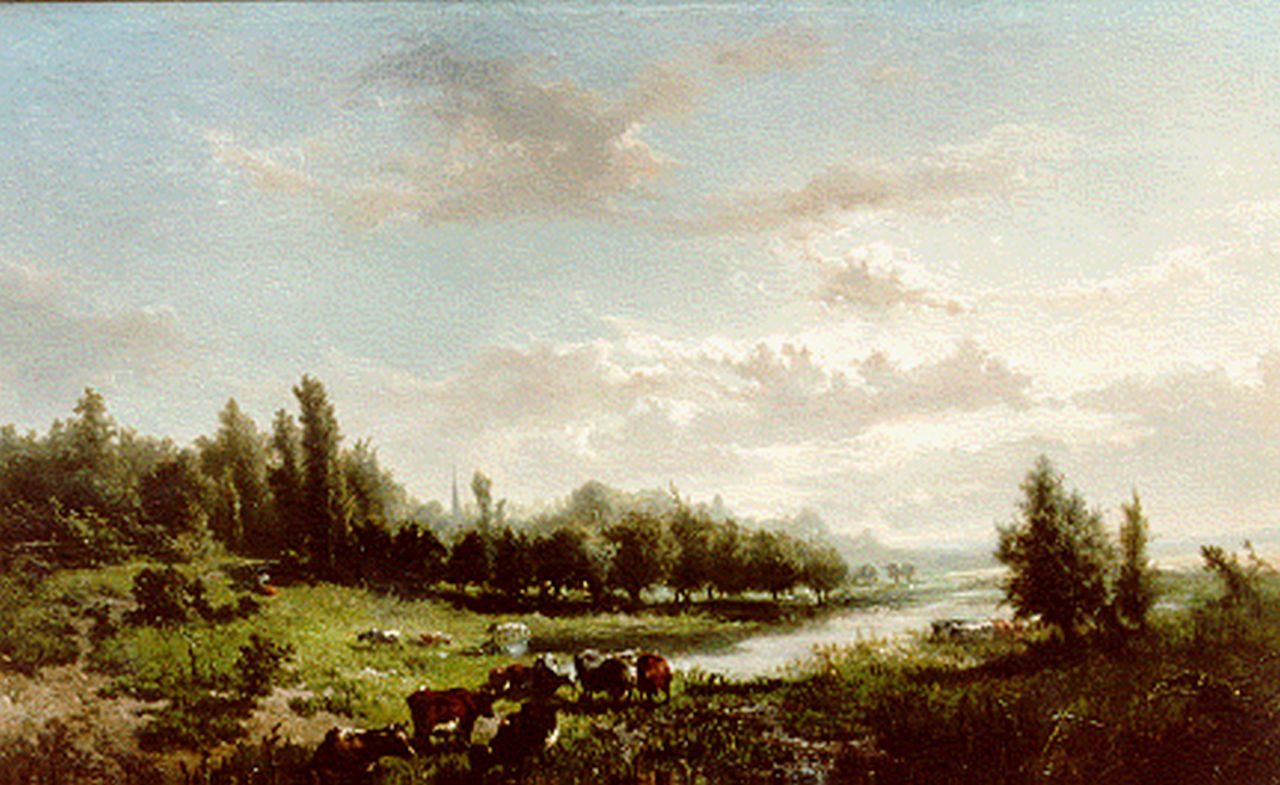 Haas J.H.L. de | Johannes Hubertus Leonardus de Haas, An extensive River Landscape, Öl auf Holz 46,5 x 71,0 cm, signed l.l. und dated '55