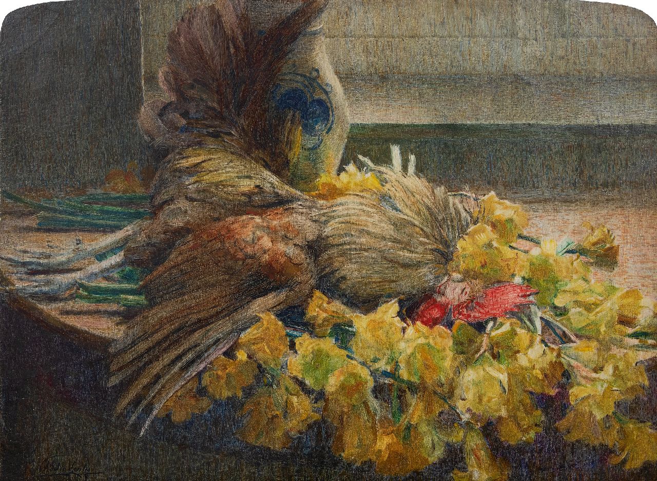 Adelin Verly | Stilleben mit Blume und Federvieh, Öl auf Leinwand, 54,8 x 73,7 cm, Unterzeichnet u.l.