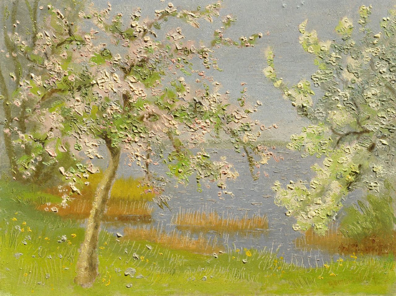 Smorenberg D.  | Dirk Smorenberg, Baumblüten im Garten des Malers am Loenderveense Plas, Öl auf Holzfaser 18,0 x 23,9 cm, Unterzeichnet u.r.