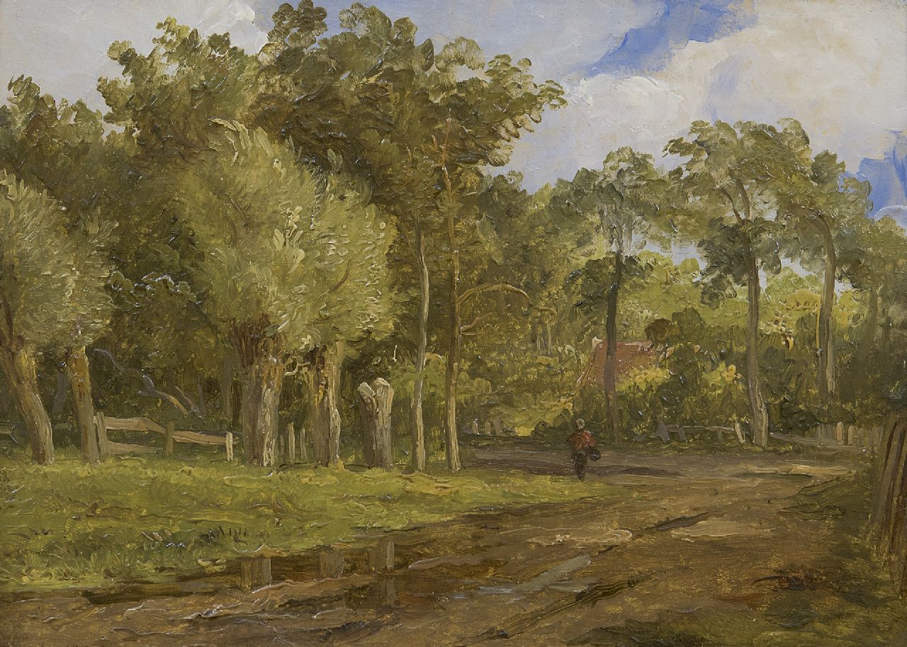Eymer A.J.  | Arnoldus Johannes Eymer, Landschaft mit viel Bäumen und einer Figur auf einem Sandweg, Öl auf Malereifaser 16,1 x 22,0 cm