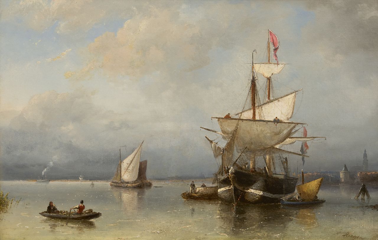 Riegen N.  | Nicolaas Riegen, Schiffe vor Anker auf dem IJ vor Amsterdam, Öl auf Leinwand 44,5 x 67,3 cm, Unterzeichnet u.r.