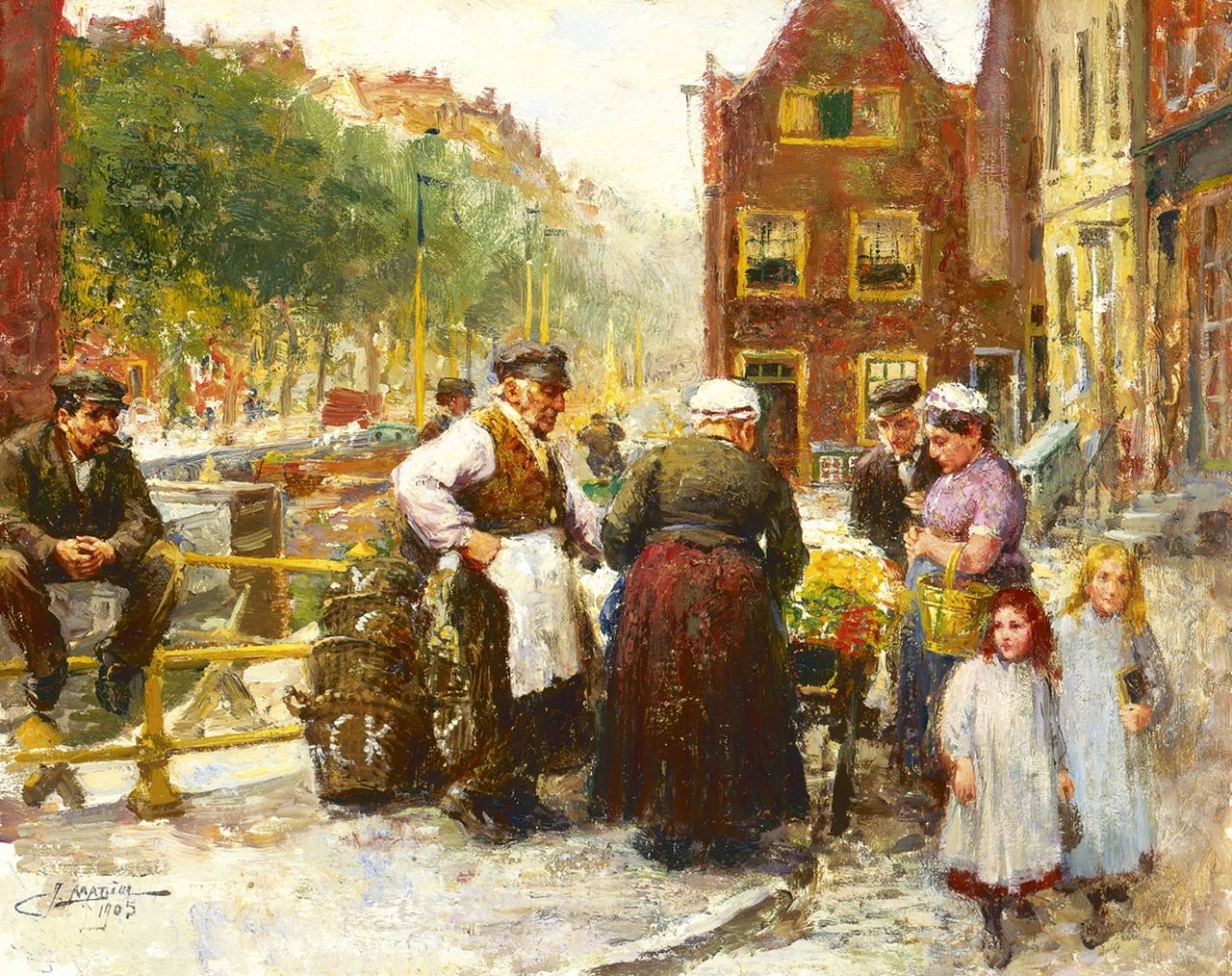 Madiol J.  | Jacob Madiol, Jewish district, Amsterdam, Öl auf Holz 36,7 x 46,0 cm, signed l.l. und dated 1905