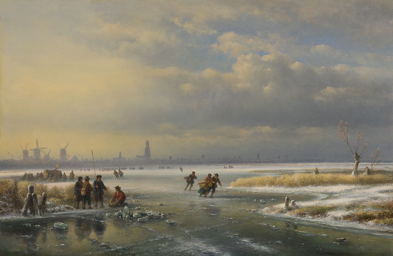 Kleijn L.J.  | Lodewijk Johannes Kleijn, Schlittschuhfreude auf zugefrorenem Fluss bei einer Stadt, Öl auf Holz 53,8 x 80,7 cm