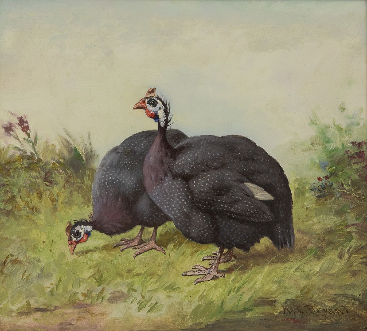 Henry Charles Bryant | Zwei Perlhühner, Öl auf Malereifaser, 27,7 x 30,8 cm, Unterzeichnet u.r.