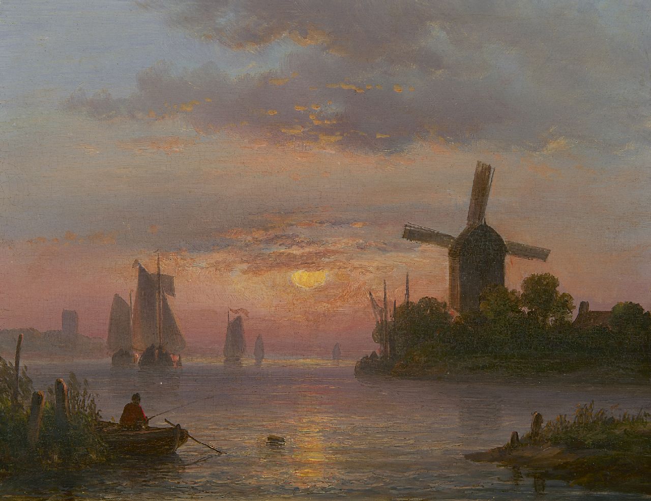 Kleijn L.J.  | Lodewijk Johannes Kleijn, Holländische Flusslandschaft  bei Sonnenuntergang, Öl auf Holz 21,2 x 27,4 cm