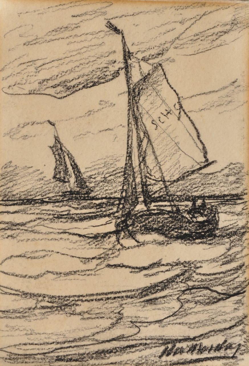Mesdag H.W.  | Hendrik Willem Mesdag, Bombenschiffe auf See, Holzkohle  auf Papier 19,5 x 13,5 cm, Unterzeichnet u.r.