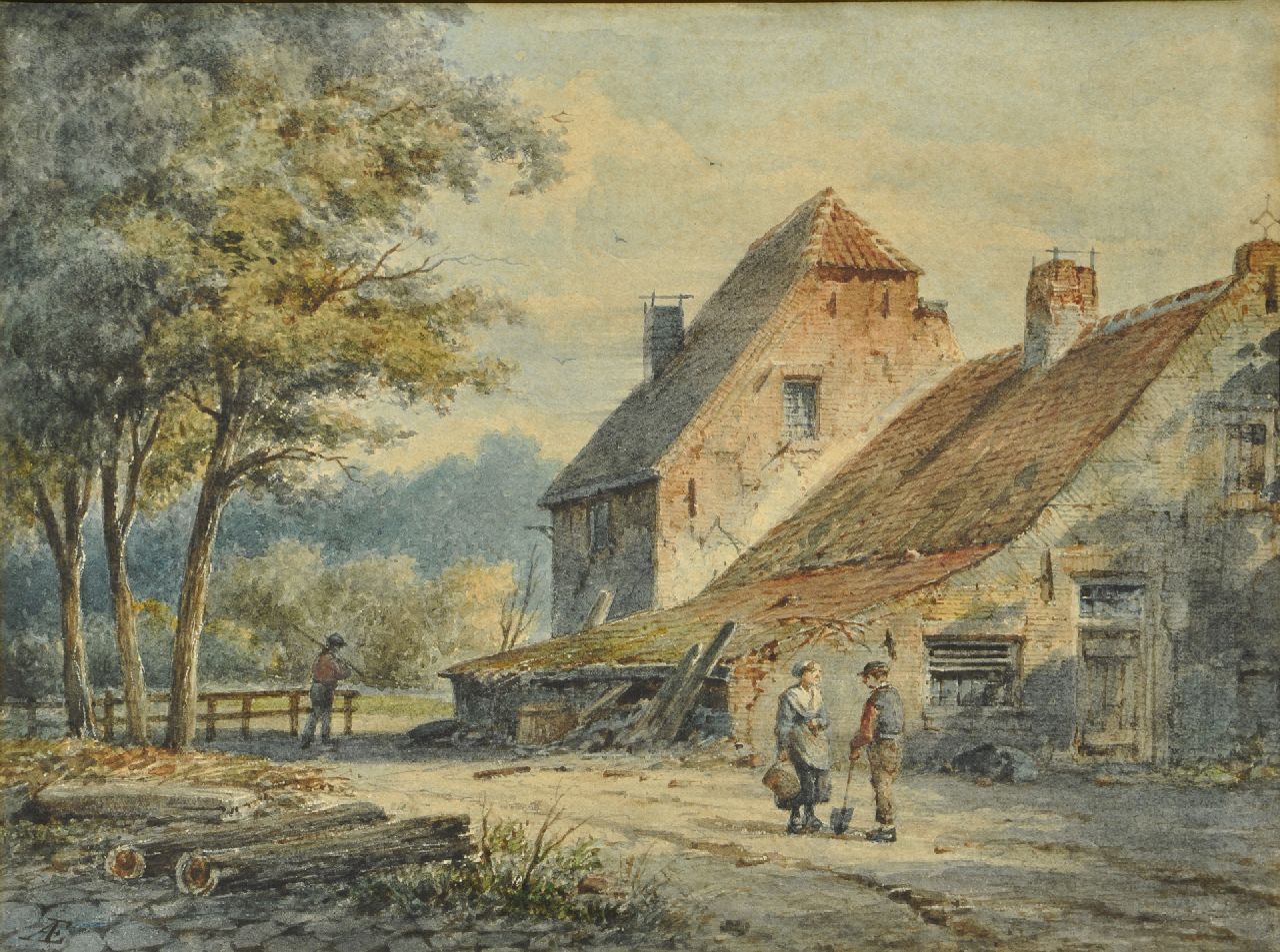 Eversen A.  | Adrianus Eversen, Landleute bei einem Bauernhof, Aquarell auf Papier 23,6 x 30,1 cm, Unterzeichnet u.l. mit Monogramm