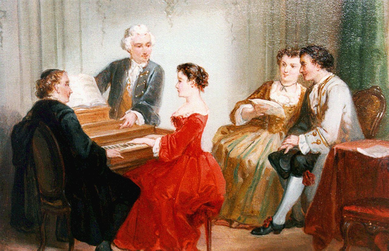 Reijntjens H.E.  | Henricus Engelbertus Reijntjens, Playing the piano, Öl auf Holz 14,6 x 19,2 cm, signed l.r.