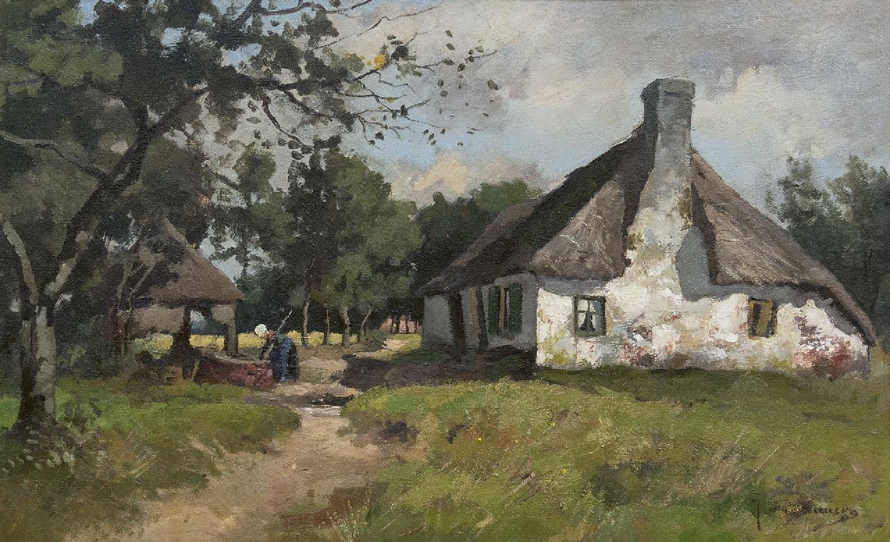 Vuuren J. van | Jan van Vuuren, Alter Bauernhof auf der Veluwe mit Bäuerin bei der Arbeit, Öl auf Leinwand 42,3 x 67,8 cm, Unterzeichnet u.r.