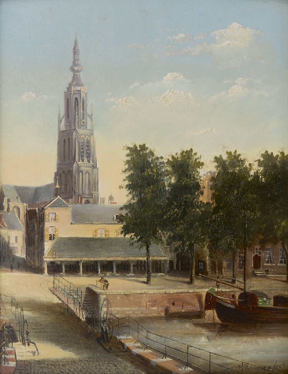 Beyens J.  | J. Beyens | Gemälde zum Verkauf angeboten | Blick auf die Hoge Brucke, Fischmarkt und die Grote Kirche in Breda, Öl auf Holz 22,9 x 18,0 cm, Unterzeichnet u.r. und datiert 1882