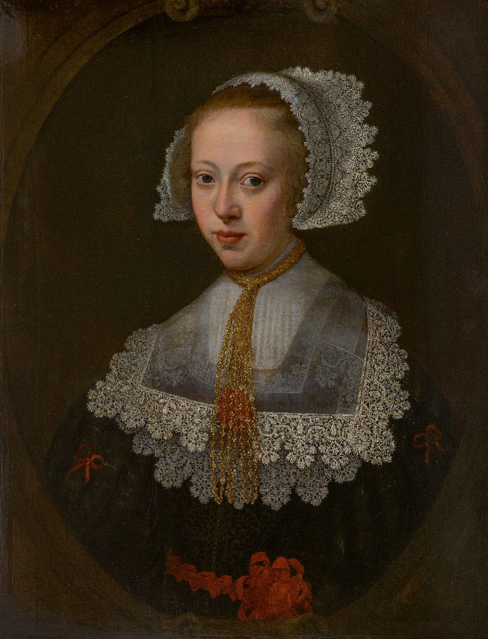 Hollandse School, 17e eeuw   | Hollandse School, 17e eeuw | Gemälde zum Verkauf angeboten | Porträt einer jungen Frau im Spitzenkragen, Öl auf Holz 73,0 x 60,0 cm, ca 1630