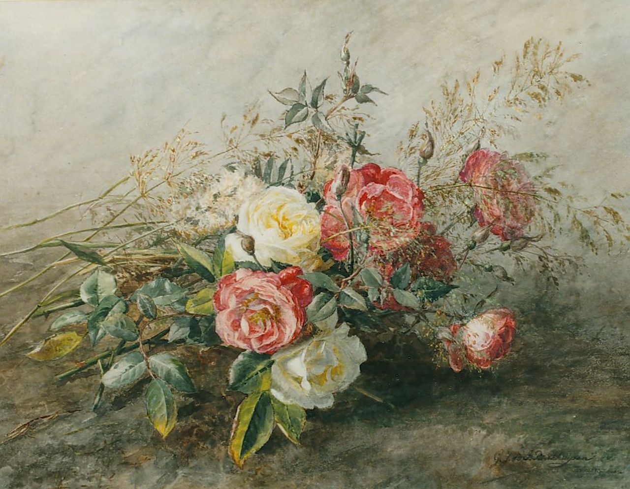 Sande Bakhuyzen G.J. van de | 'Gerardine' Jacoba van de Sande Bakhuyzen, Bouquet of roses, Aquarell auf Papier 36,0 x 46,0 cm, signed l.r.