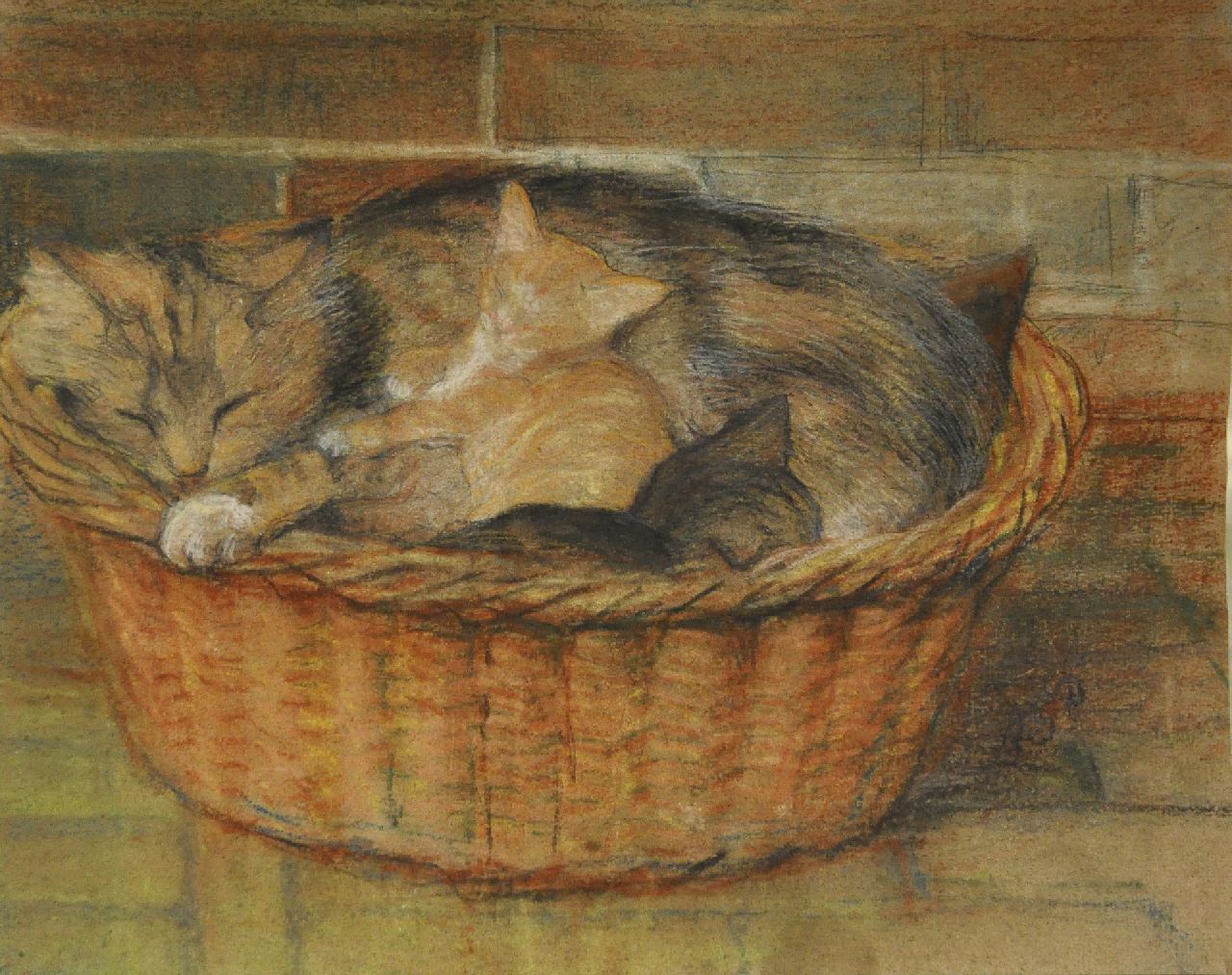 Dyserinck A.G.  | Adrienne Gertrude 'Attie' Dyserinck, Katzenmutter mit Kätzchen in einem Korb, Pastell auf Papier 31,9 x 40,0 cm, Unterzeichnet u.r. mit Initialen