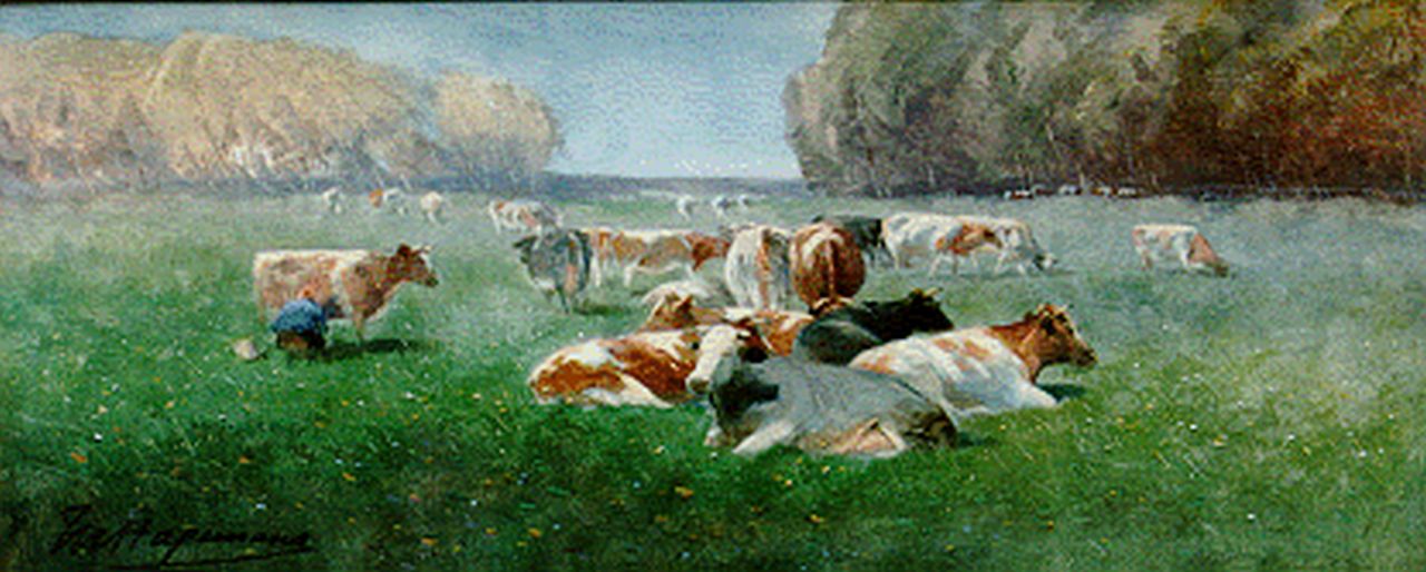 Hagemans M.  | Maurice Hagemans, Cows in a Landscape, Aquarell auf Papier 20,3 x 48,8 cm, signed l.l.