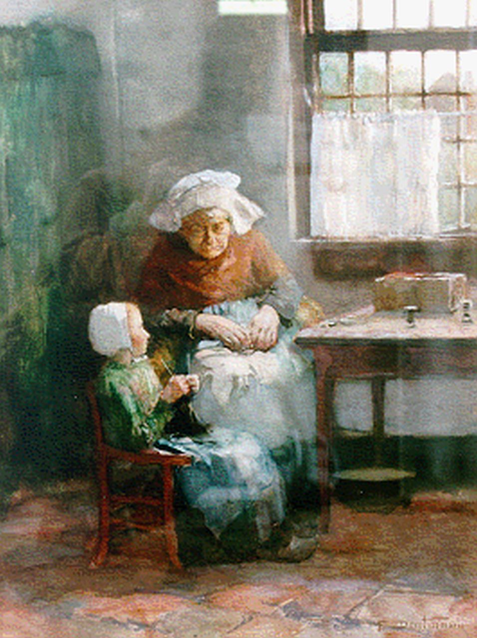 Deutmann F.W.M.  | 'Franz' Wilhelm Maria Deutmann, The knitting lesson, Aquarell auf Papier 68,0 x 52,0 cm, signed l.r.